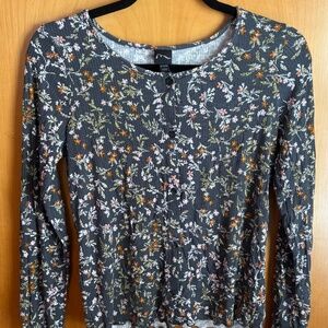 Art Class Floral Ribbed Button Front Long Sleeve Top XL